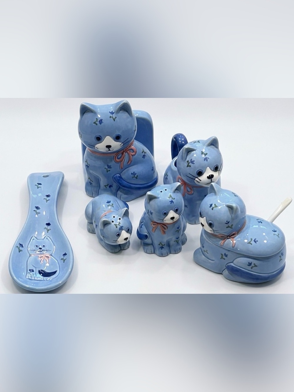 Vintage Otagiri Blue Cat Floral Kitchen Ceramic Set 6pc Spoon Rest Shakers AS IS
